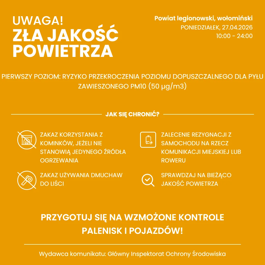 Ostrzeżenie o możliwości przekroczenia dopuszczalnego poziomu pyłu PM10 w powietrzu
