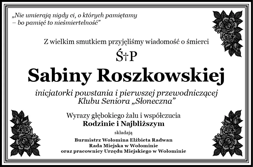 Wyrazy współczucia z powodu śmierci Sabiny Roszkowskiej